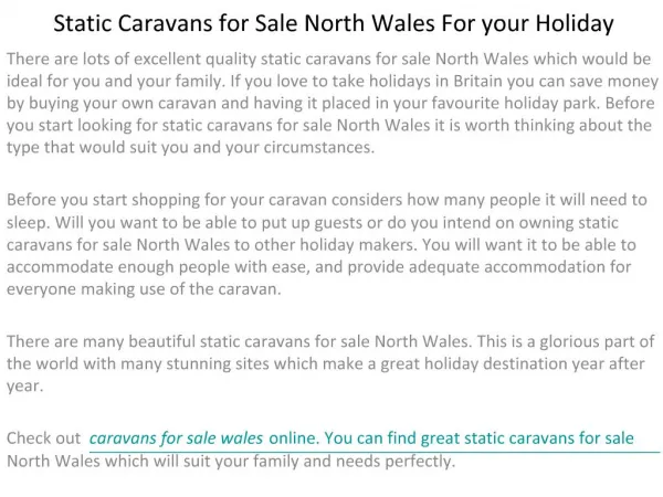 Static Caravans for Sale North Wales For your Holiday