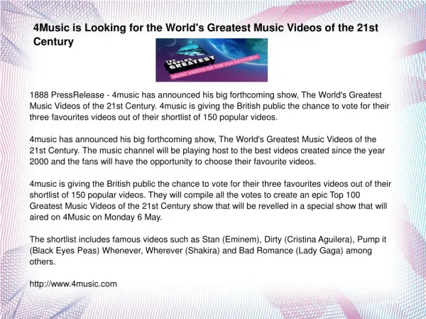4Music is Looking for the World's Greatest Music Videos of t