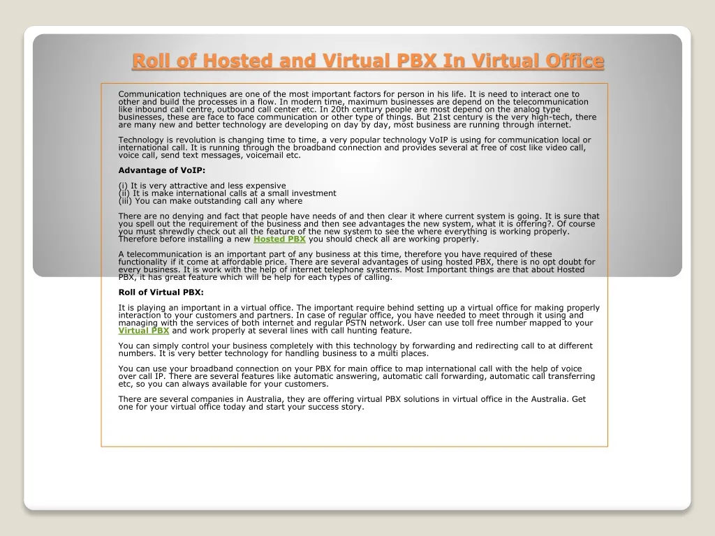 roll of hosted and virtual pbx in virtual office
