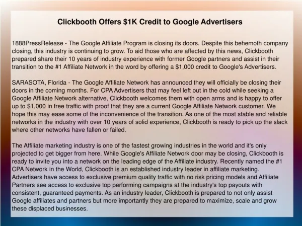 Clickbooth Offers $1K Credit to Google Advertisers