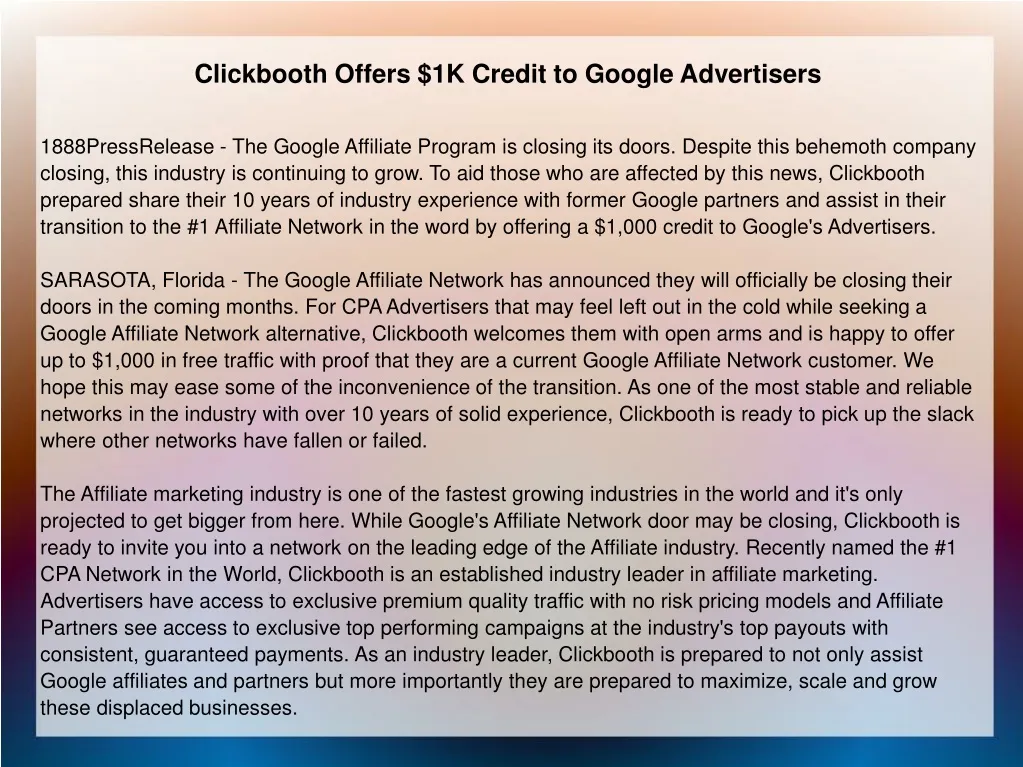 clickbooth offers 1k credit to google advertisers