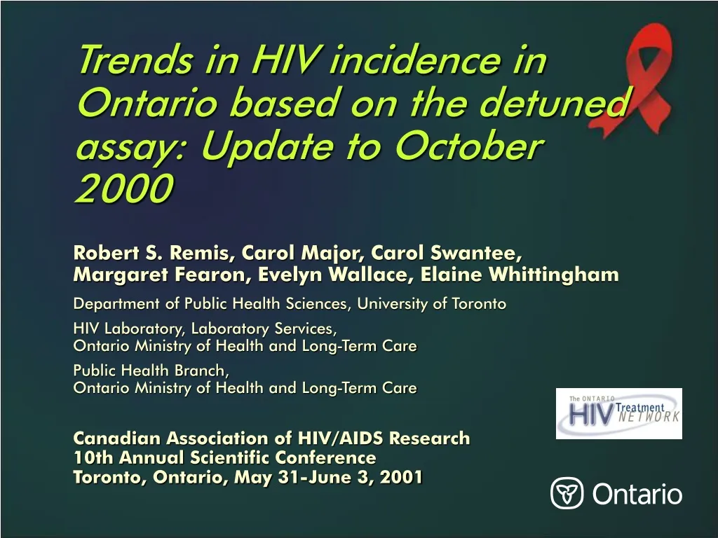 trends in hiv incidence in ontario based on the detuned assay update to october 2000