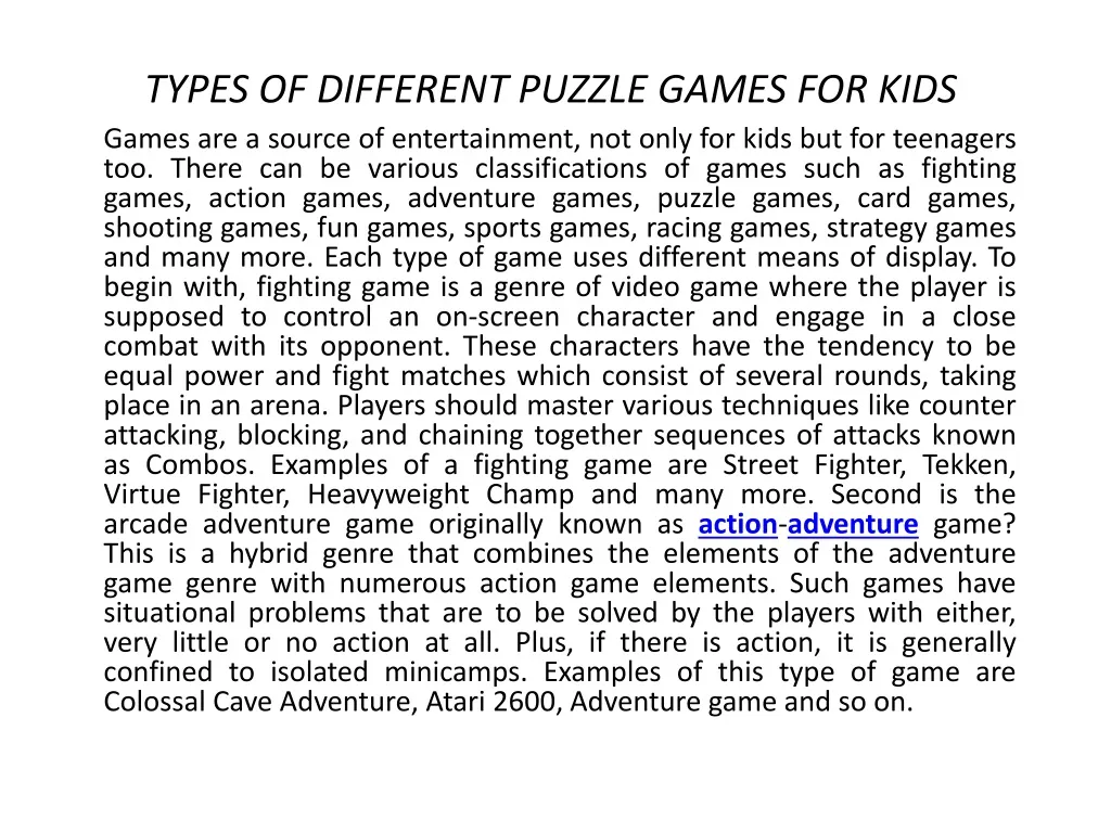 types of different puzzle games for kids