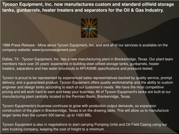 Tycoon Equipment, Inc. now manufactures custom