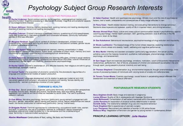 Psychology Subject Group Research Interests