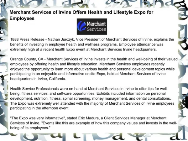 Merchant Services of Irvine Offers Health and Lifestyle Expo