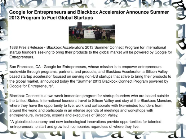 Google for Entrepreneurs and Blackbox Accelerator Announce S