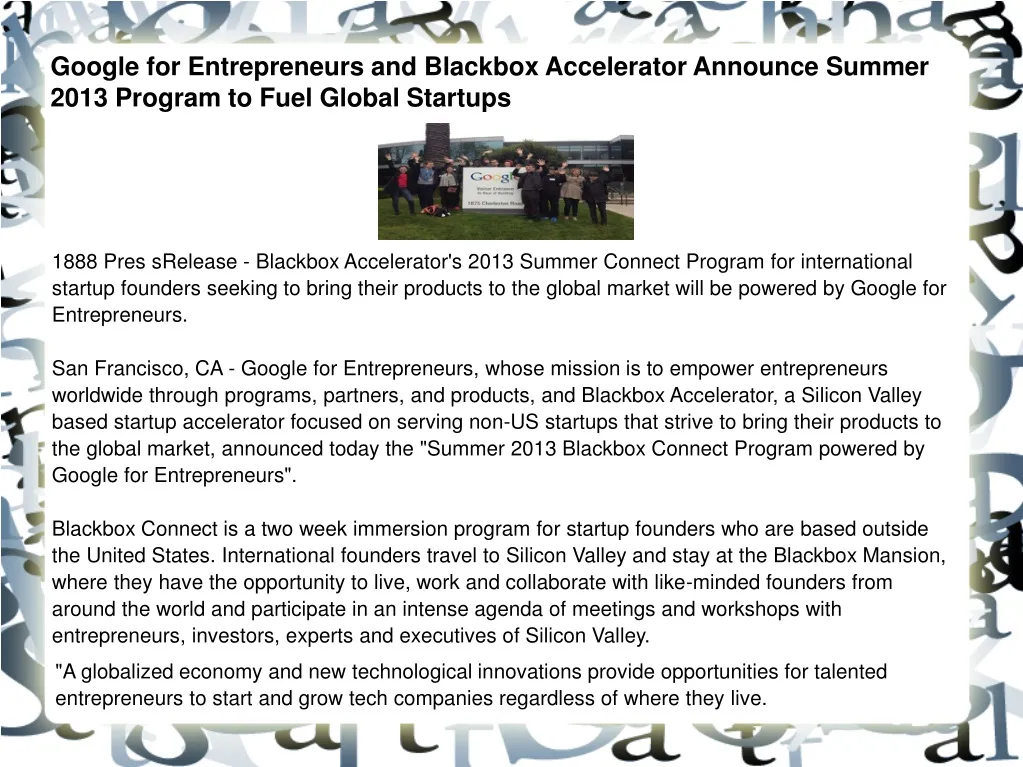 google for entrepreneurs and blackbox accelerator