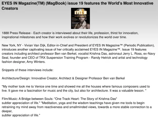 EYES IN Magazine(TM) (MagBook) issue 19 features
