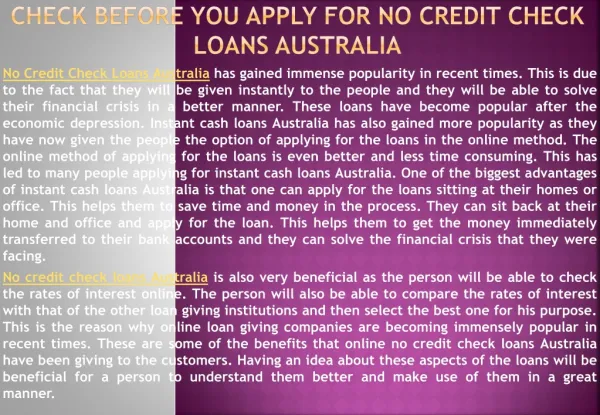 no credit check loans Australia