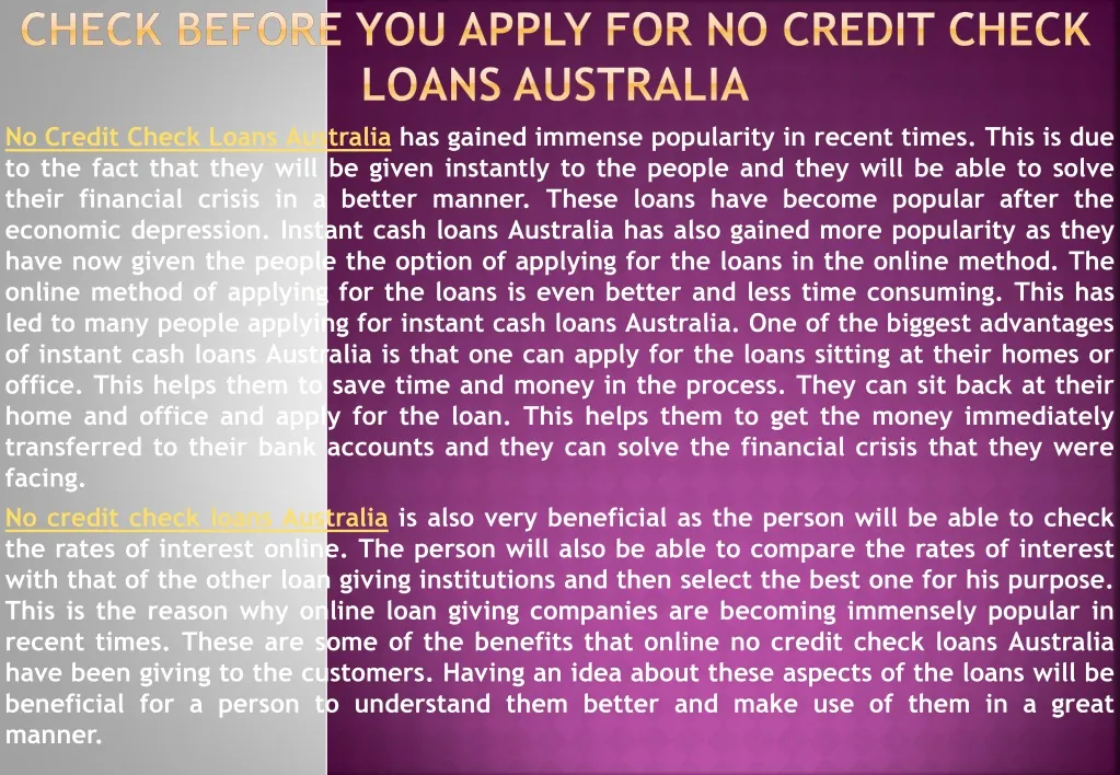 check before you apply for n o credit check loans australia