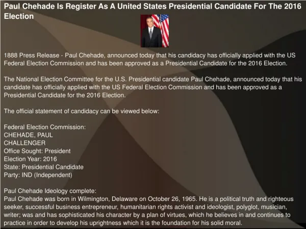 Paul Chehade Is Register As A United States Presidential