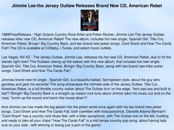 Jimmie Lee-the Jersey Outlaw Releases Brand New CD, American