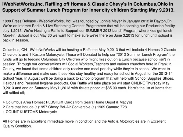 iWebNetWorks,Inc. Raffling off Homes & Classic Chevy's