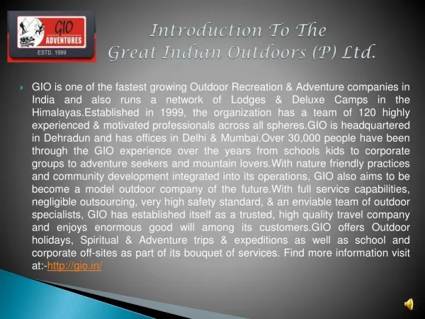 Introduction To The 	Great Indian Outdoors (P) Ltd.