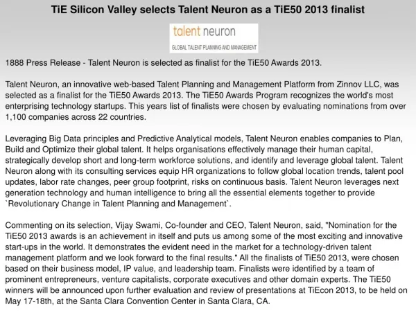 TiE Silicon Valley selects Talent Neuron as a TiE50 2013 fin