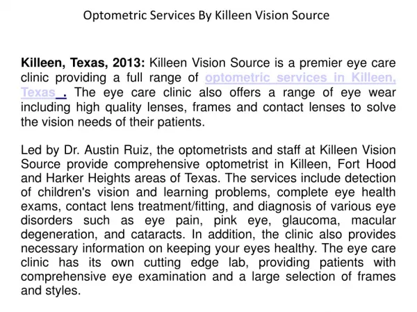 Optometric Services By Killeen Vision Source