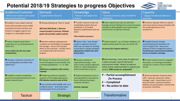 Potential 2018/19 Strategies to progress Objectives
