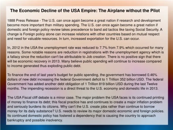 The Economic Decline of the USA Empire: The Airplane