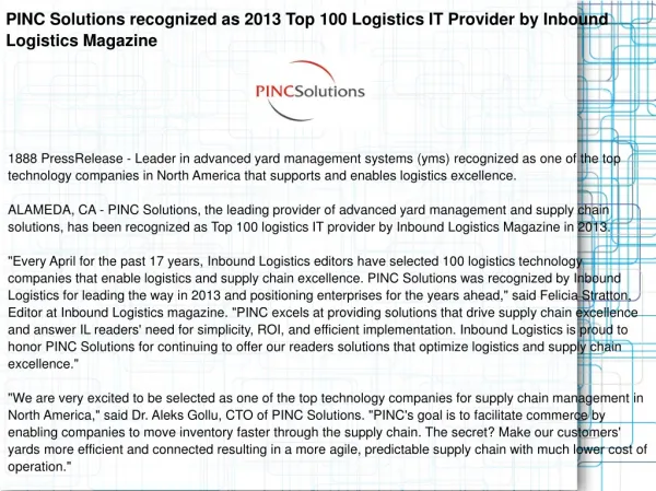 PINC Solutions recognized as 2013 Top 100 Logistics IT Provi