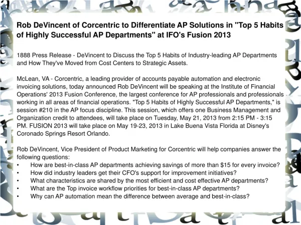 Rob DeVincent of Corcentric to Differentiate AP Solutions