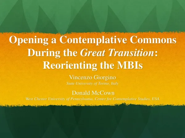 Opening a Contemplative Commons During the Great Transition : Reorienting the MBIs