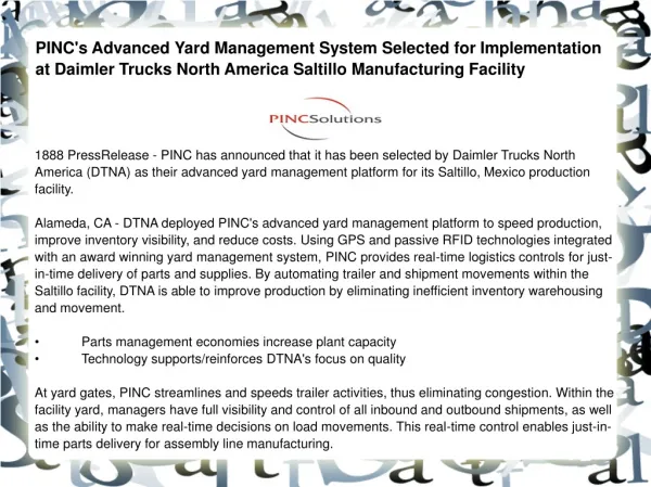 PINC's Advanced Yard Management System Selected for Implemen