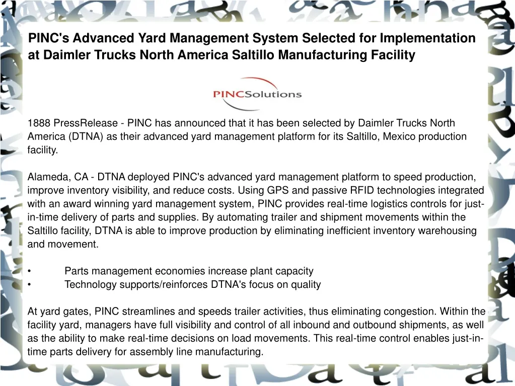 pinc s advanced yard management system selected