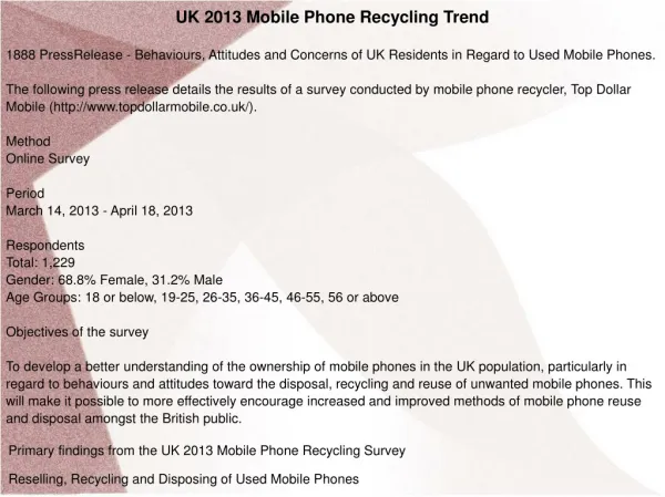 UK 2013 Mobile Phone Recycling Trend