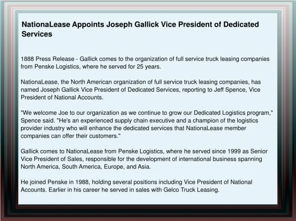 NationaLease Appoints Joseph Gallick Vice President of Dedic