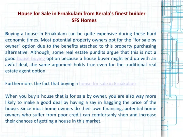 House for Sale in Ernakulam from Kerala’s finest builder SFS
