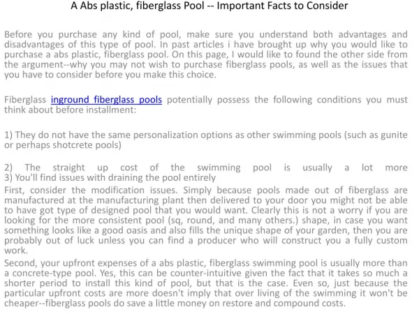 A Abs plastic, fiberglass Pool -- Important Facts to Conside
