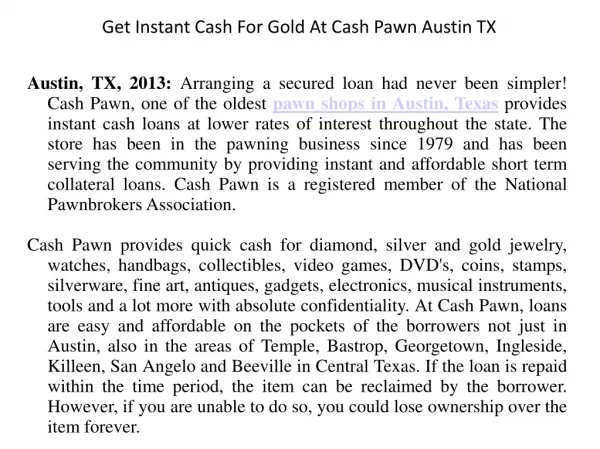 Get Instant Cash For Gold At Cash Pawn Austin TX