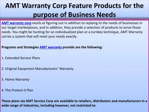 AMT Warranty Corp Feature Products for the purpose of Busine
