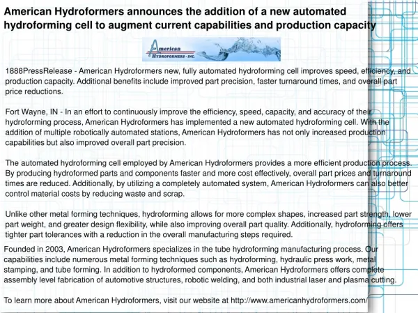 American Hydroformers announces the addition of a new automa