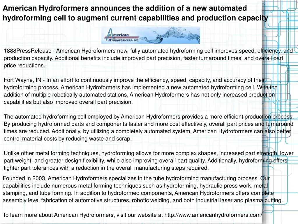american hydroformers announces the addition