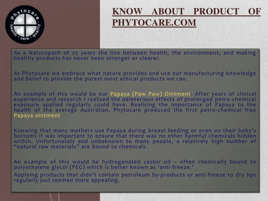 know about product of phytocare com