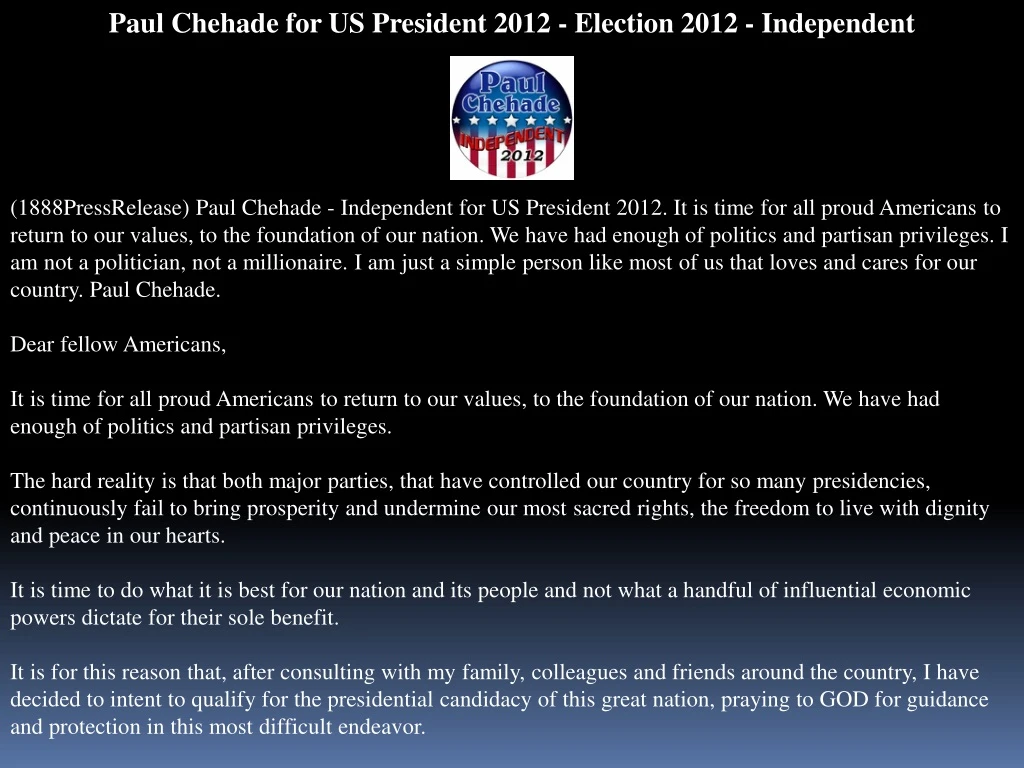 paul chehade for us president 2012 election 2012