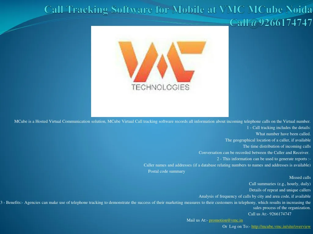 call tracking software for mobile at vmc mcube noida call@9266174747