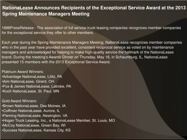 NationaLease Announces Recipients of the Exceptional Service