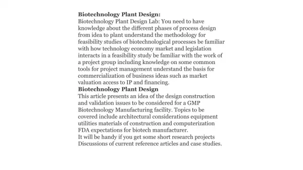 Biotechnology Plant Design: