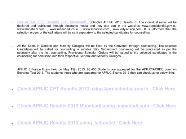 APRJC CET Results 2013 Manabadi