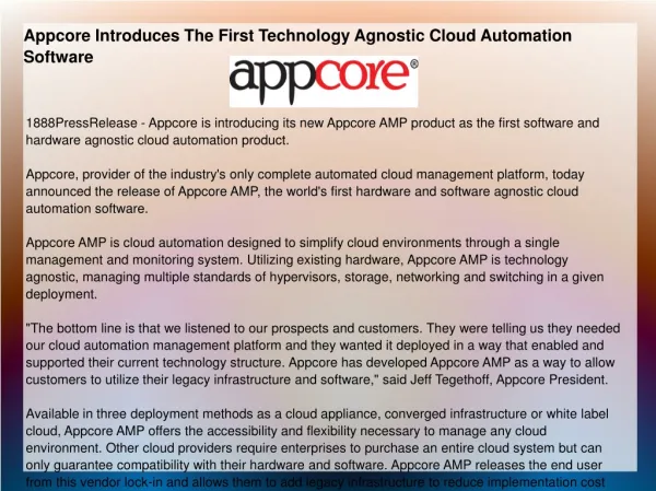 Appcore Introduces The First Technology Agnostic Cloud Autom