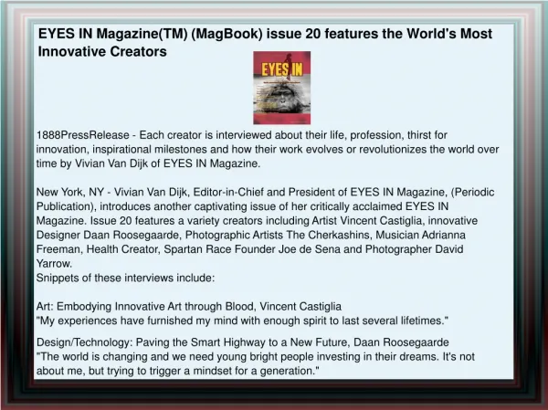 EYES IN Magazine(TM) (MagBook) issue 20 features the World's