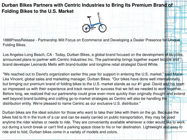 Durban Bikes Partners with Centric Industries to Bring Its P