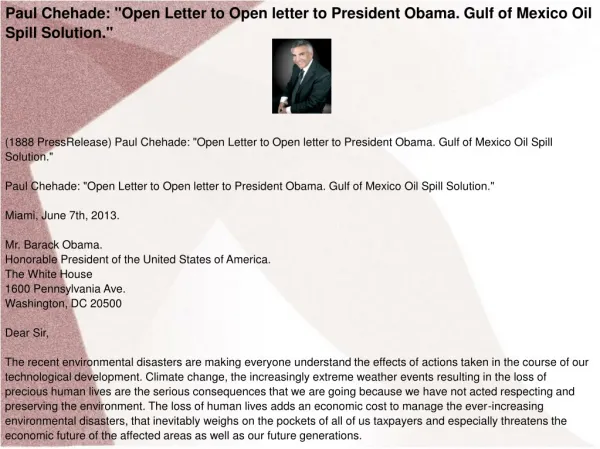 Paul Chehade: "Open Letter to Open letter to President Obama