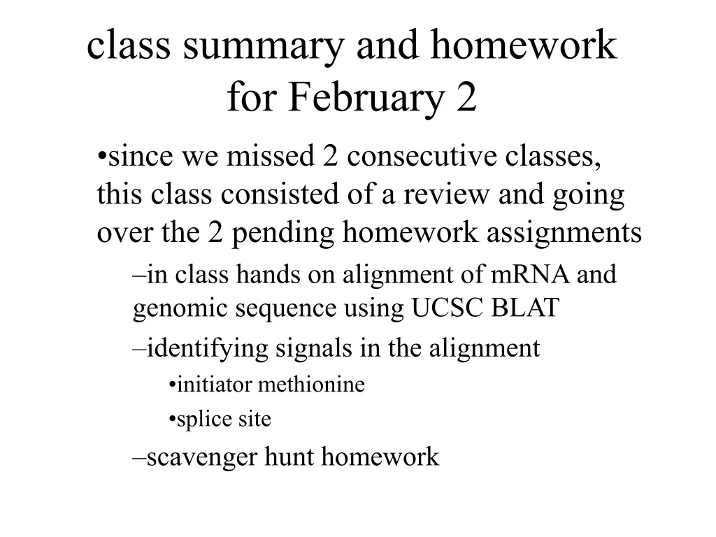 class summary and homework for february 2