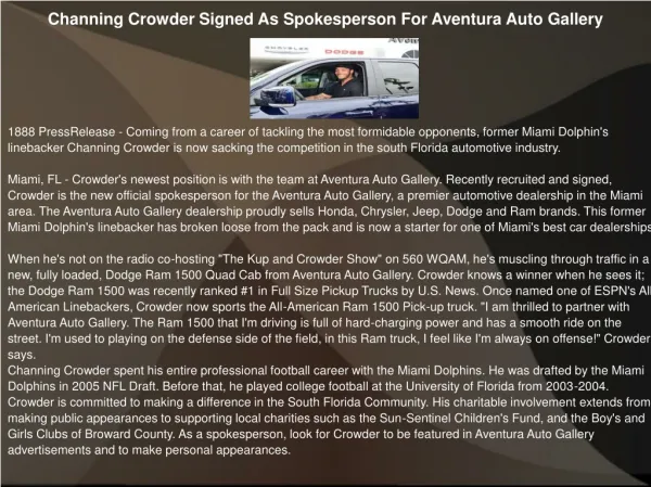 Channing Crowder Signed As Spokesperson For Aventura Auto Ga