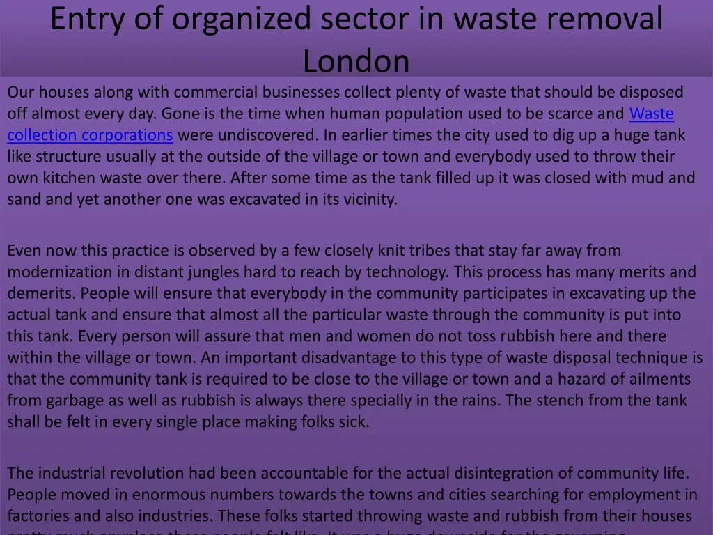 entry of organized sector in waste removal london