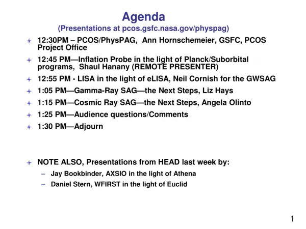 Agenda (Presentations at pcos.gsfc.nasa/physpag )